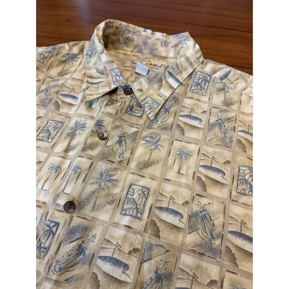 VTG Tori Richard Shirt Mens L Beige Blue Cotton Lawn Golf Resort Button Up USA